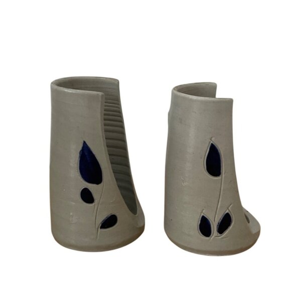 Williamsburg Pottery Ceramic Candle Holders Wall Sconces Blue Leaf Salt Glaze - Picture 2 of 9